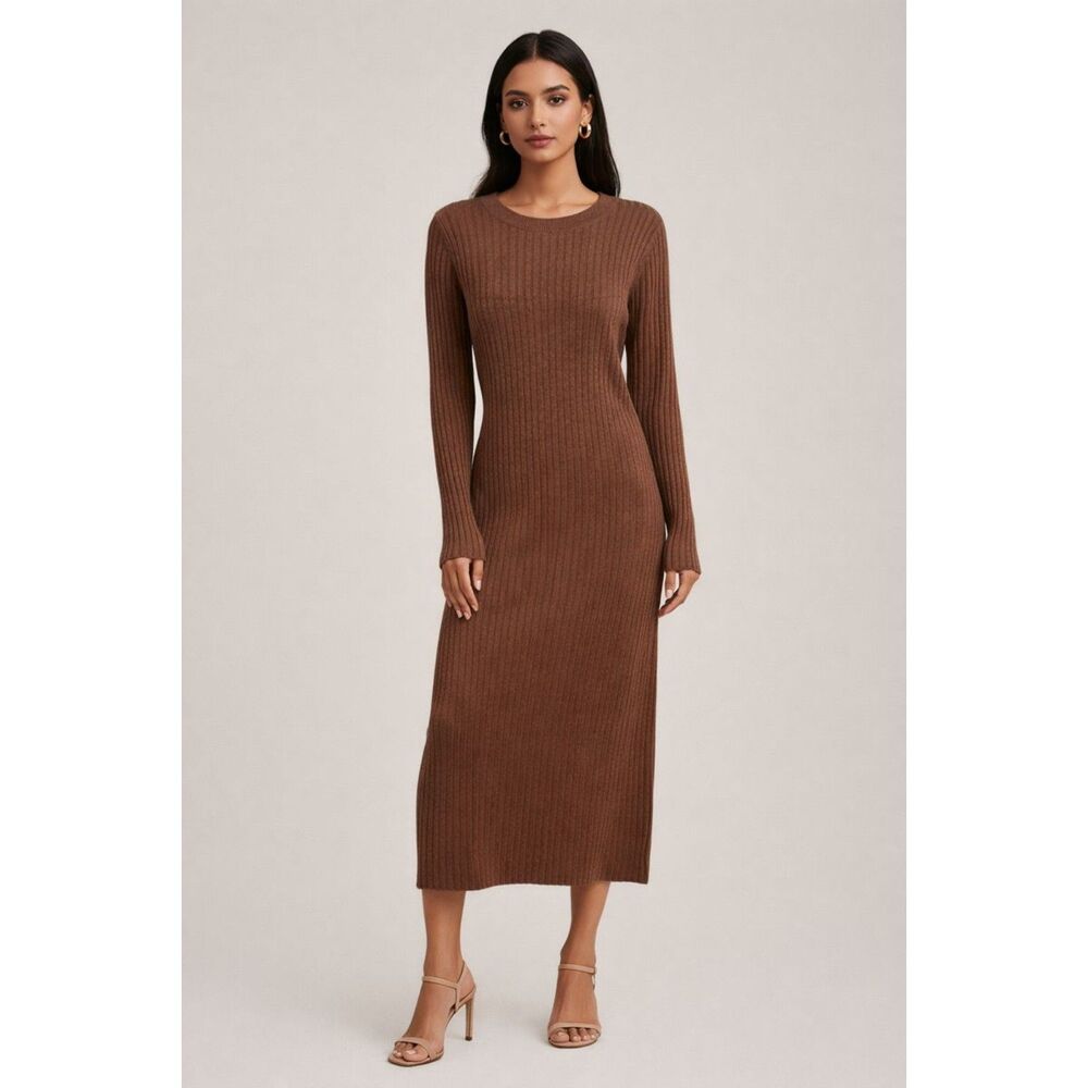 THE DROP Ribbed Knit Bell Sleeve Midi Dress Brown Medium‎